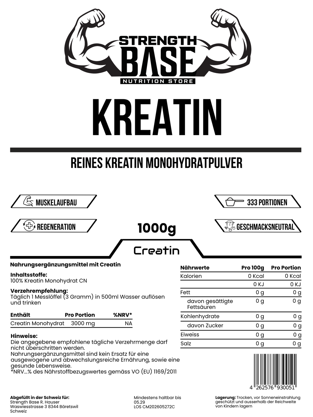 Kreatin Monohydrat 1Kg Strength Base