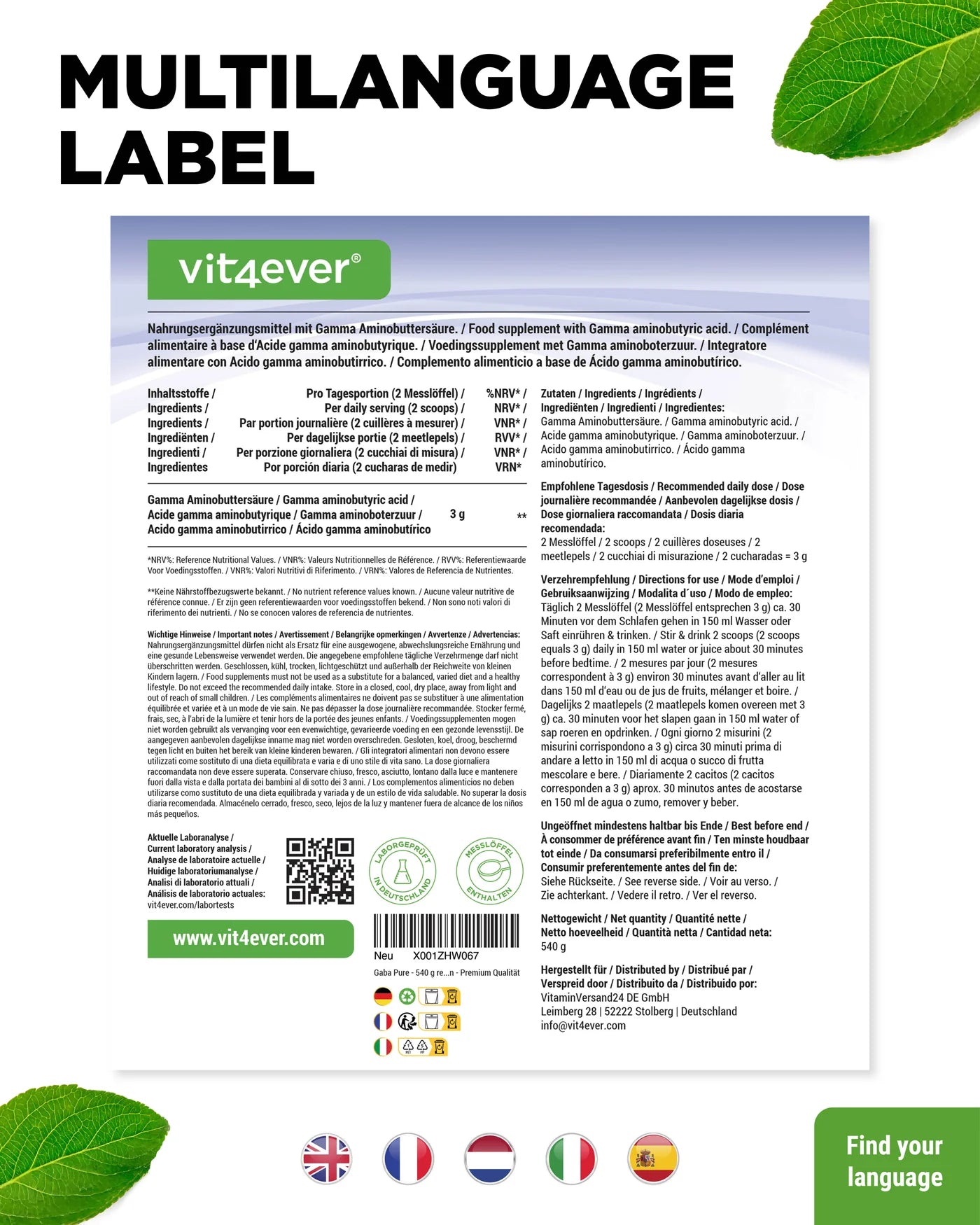Gaba Pure Pulver 540g