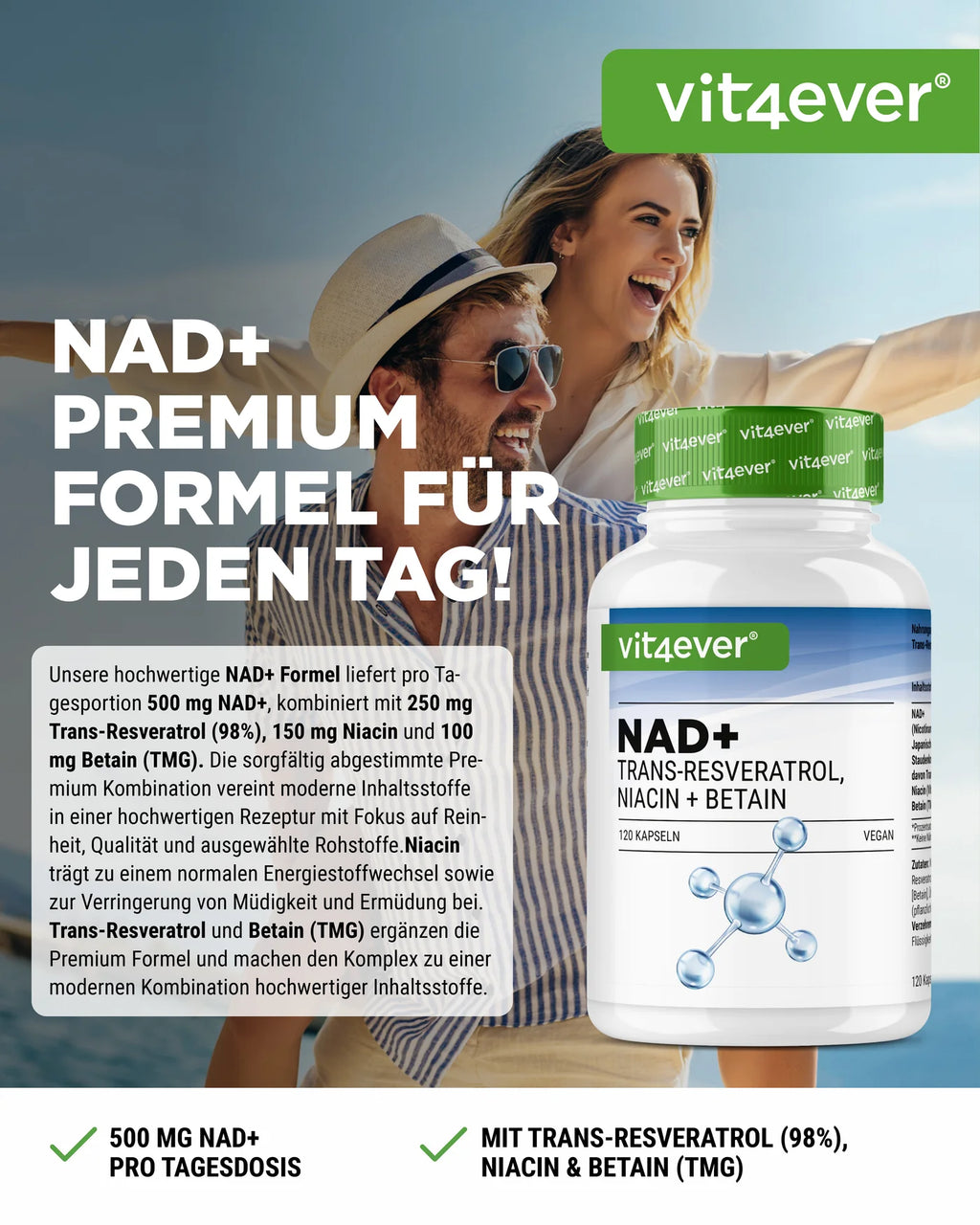 NAD+ mit Trans-Resveratrol, Niacinamid & TMG 120 Kapseln