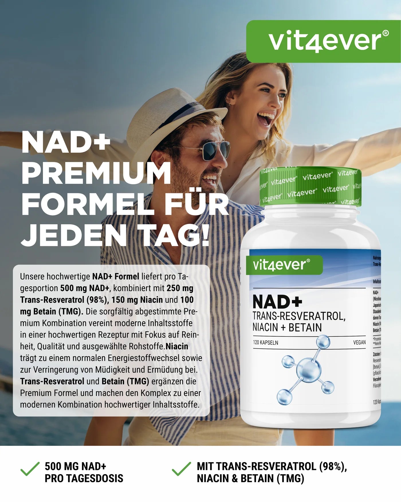 NAD+ mit Trans-Resveratrol, Niacinamid & TMG 120 Kapseln