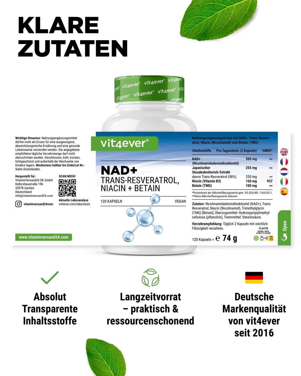 NAD+ mit Trans-Resveratrol, Niacinamid & TMG 120 Kapseln