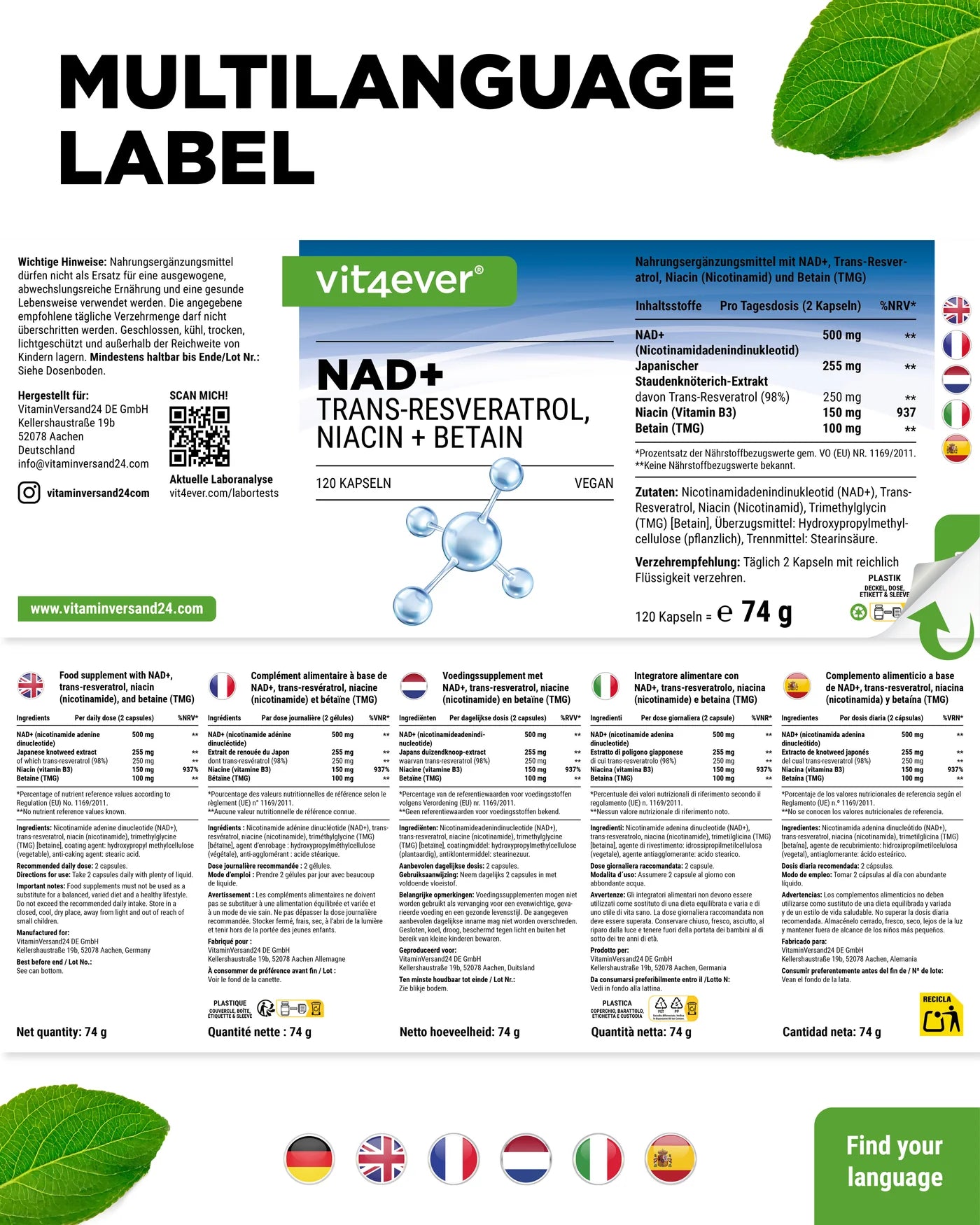 NAD+ mit Trans-Resveratrol, Niacinamid & TMG 120 Kapseln