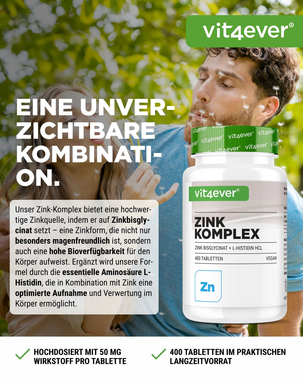 Zink 25 mg Komplex mit Bisglycinat + L-Histidin 400 Tabletten