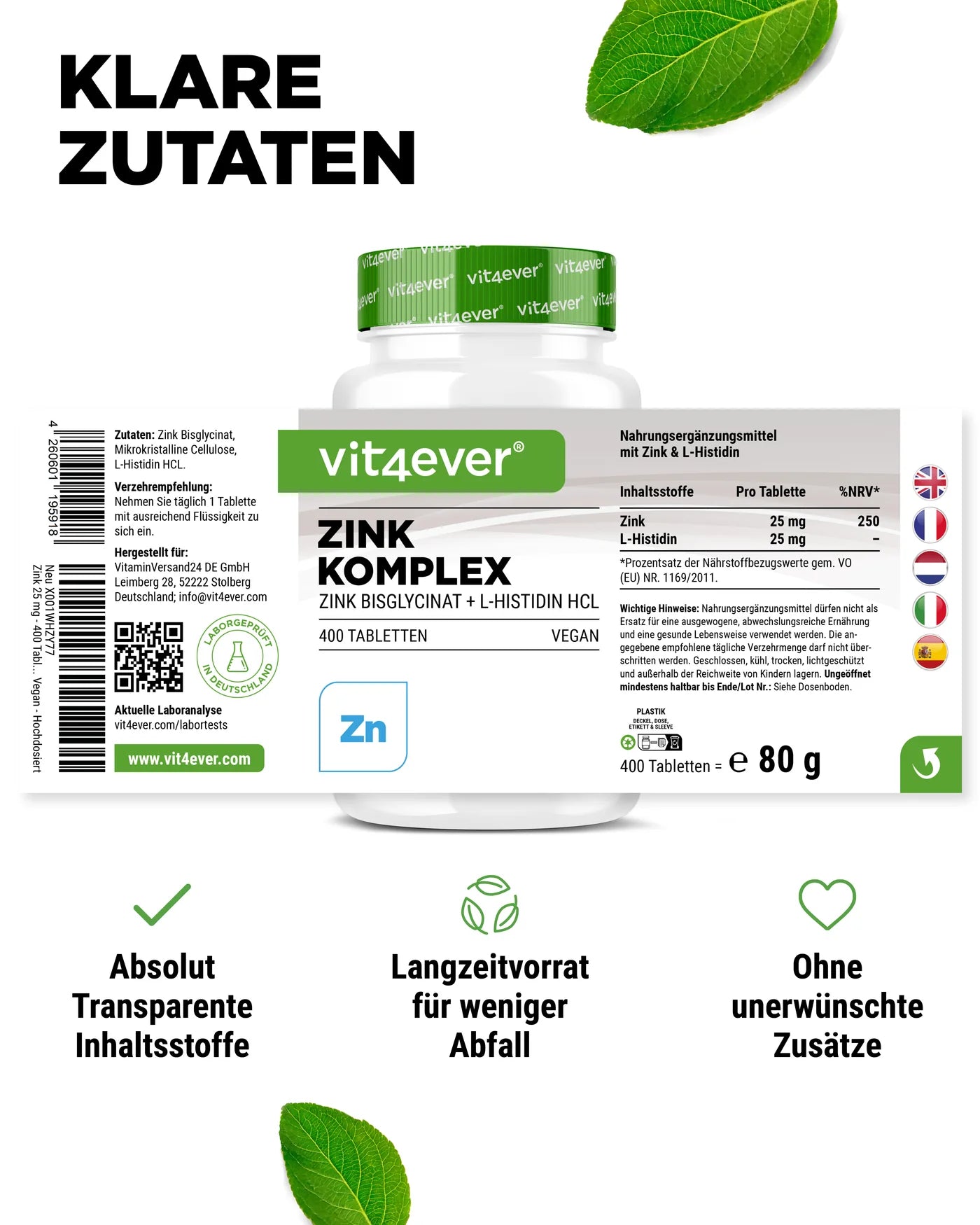 Zink 25 mg Komplex mit Bisglycinat + L-Histidin 400 Tabletten