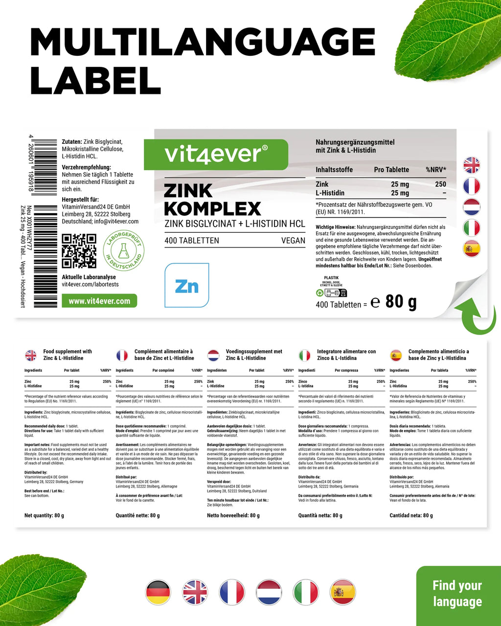 Zink 25 mg Komplex mit Bisglycinat + L-Histidin 400 Tabletten