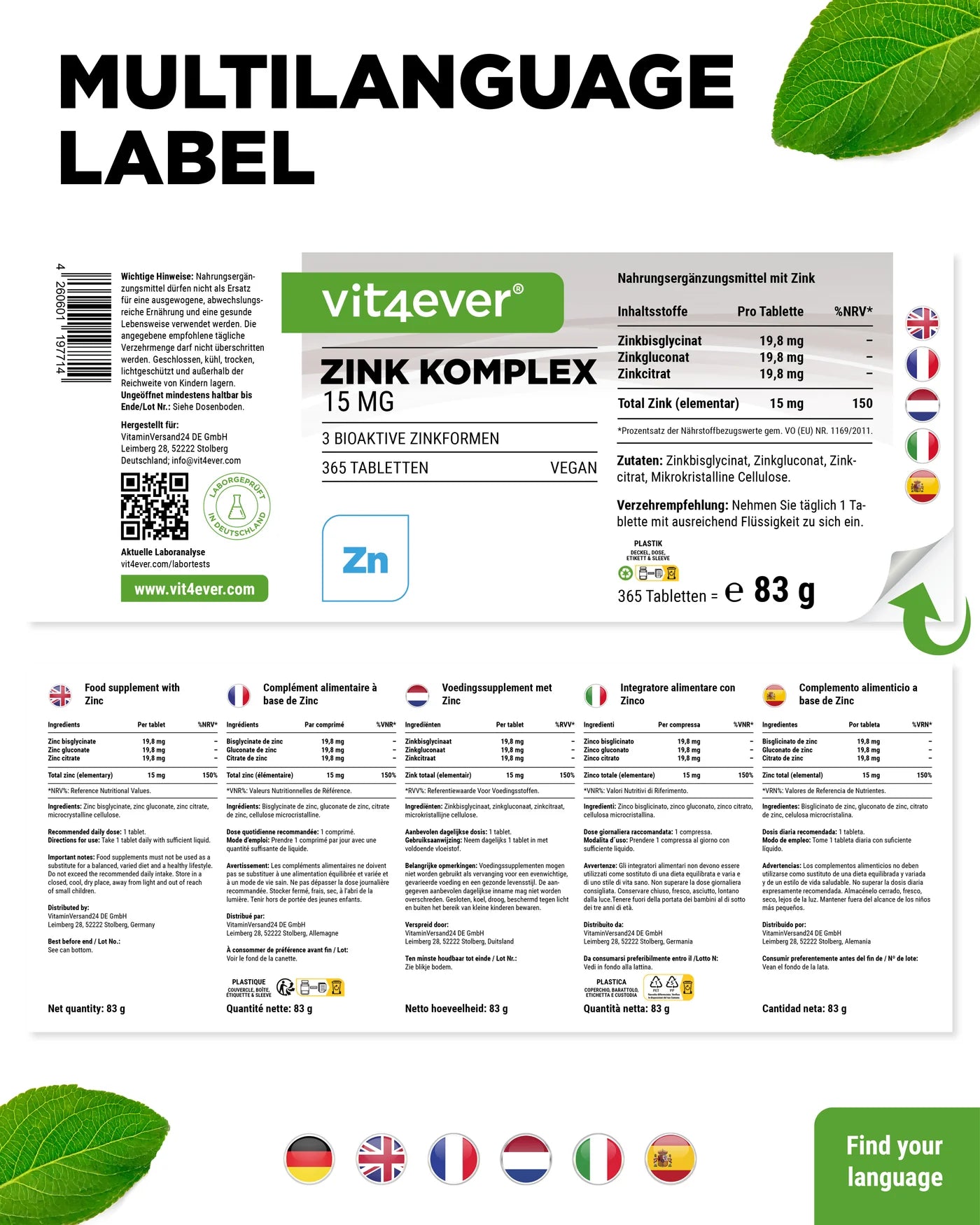 Zink Komplex mit 3 Zinkformen 365 Kapseln