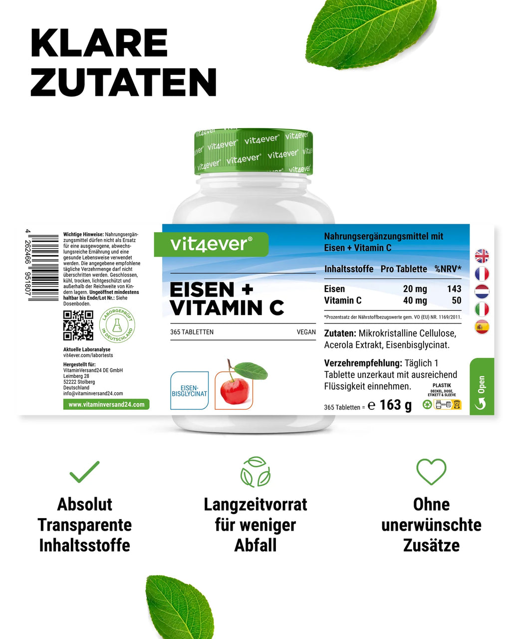 Eisenbisglycinat + Vitamin C 365 Tabletten