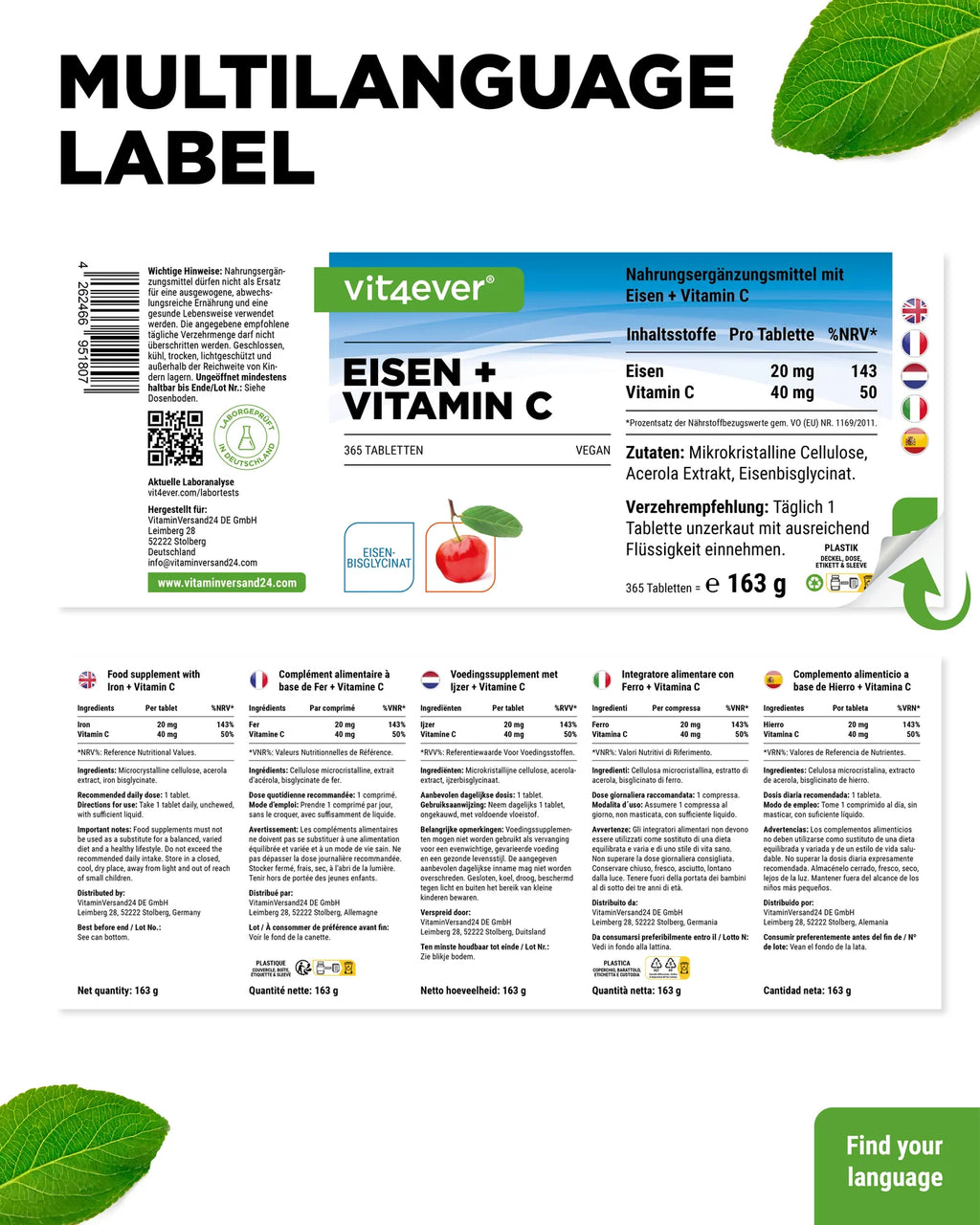 Eisenbisglycinat + Vitamin C 365 Tabletten