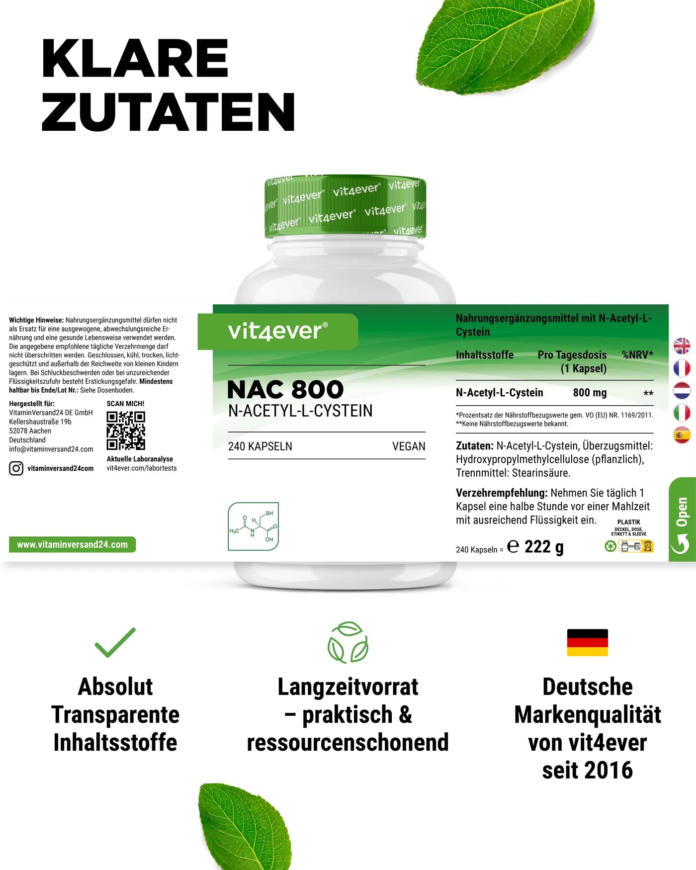NAC N-Acetyl L-Cystein 800 mg 240 Kapseln