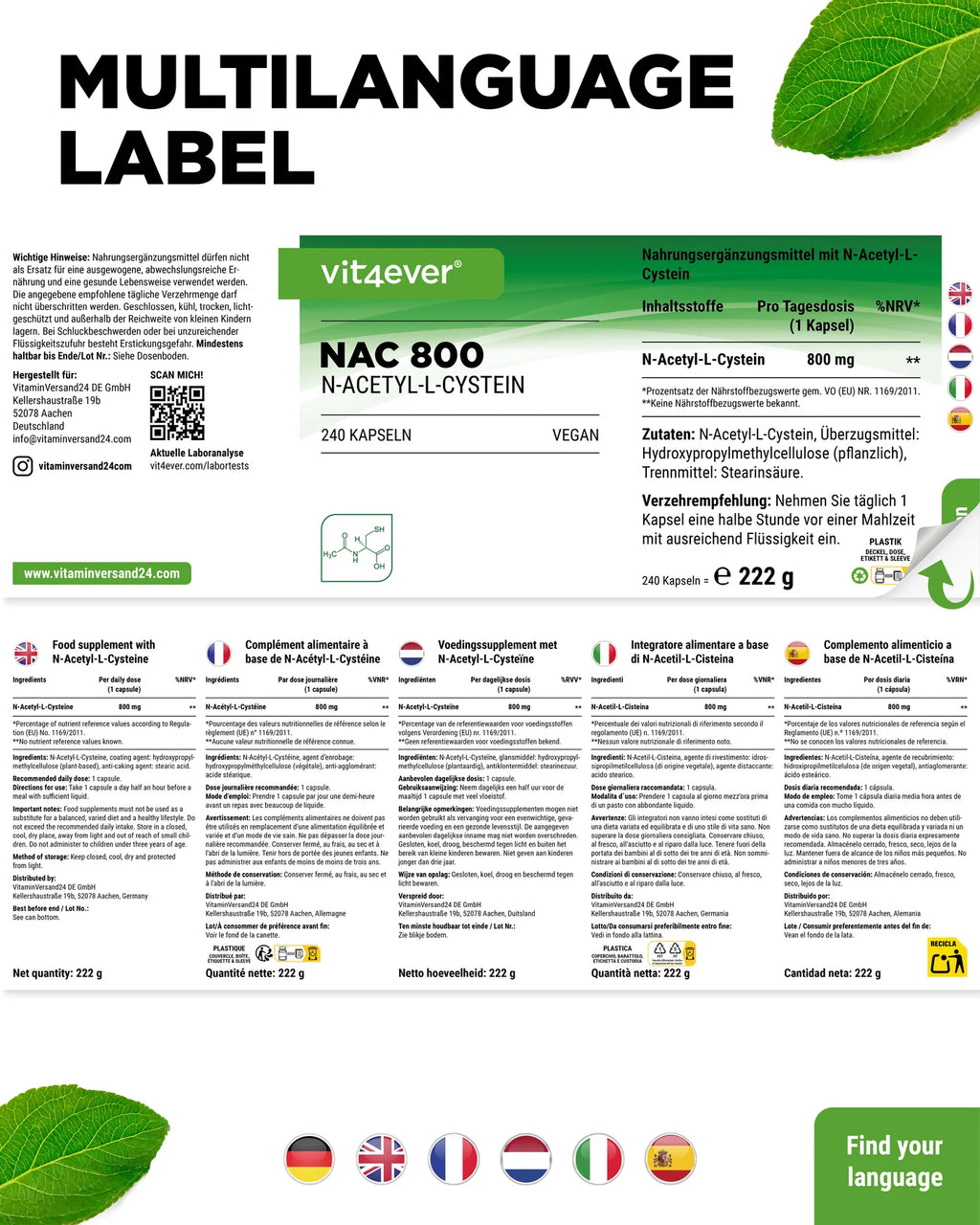 NAC N-Acetyl L-Cystein 800 mg 240 Kapseln