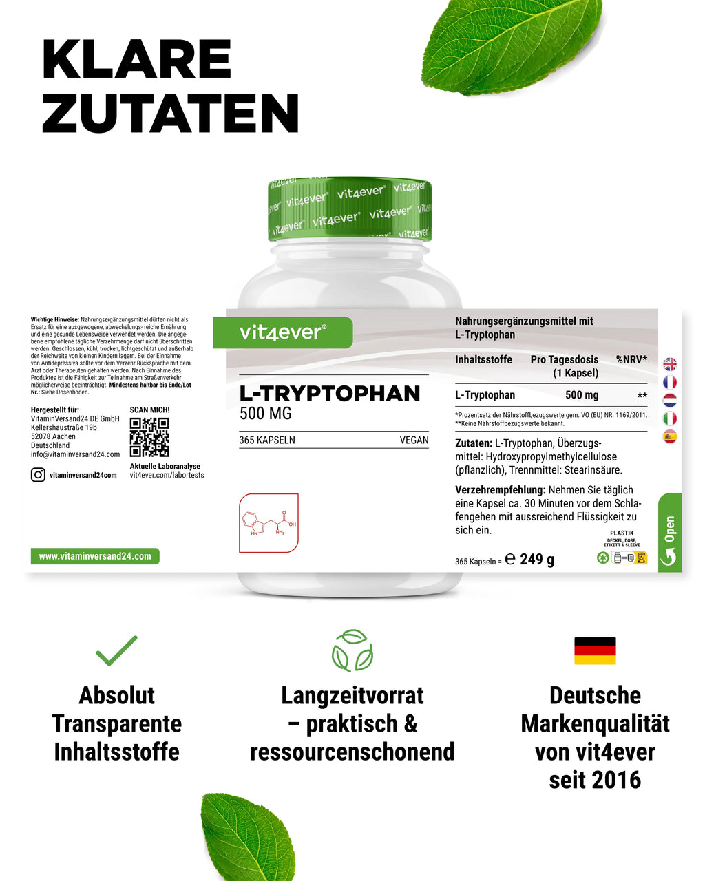 L-Tryptophan  500 mg 365 Kapseln