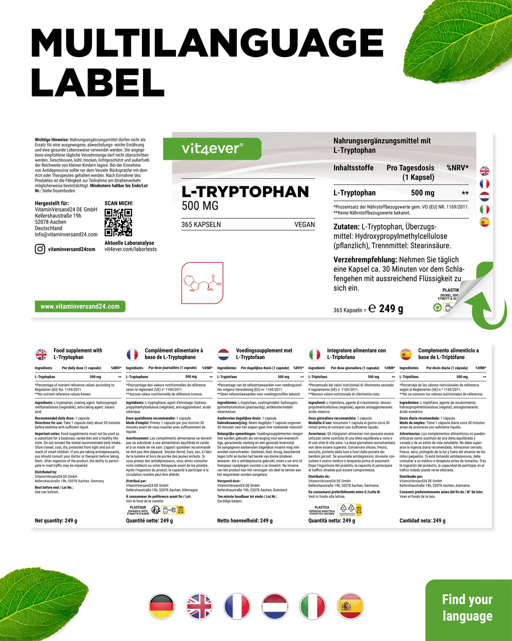 L-Tryptophan  500 mg 365 Kapseln